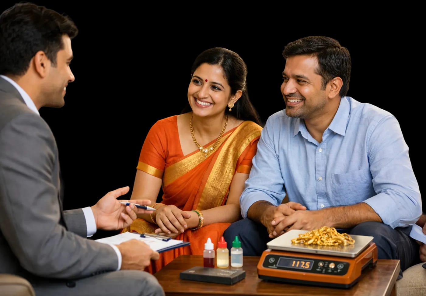 An indiagold advisor with a couple, weighing gold jewellery